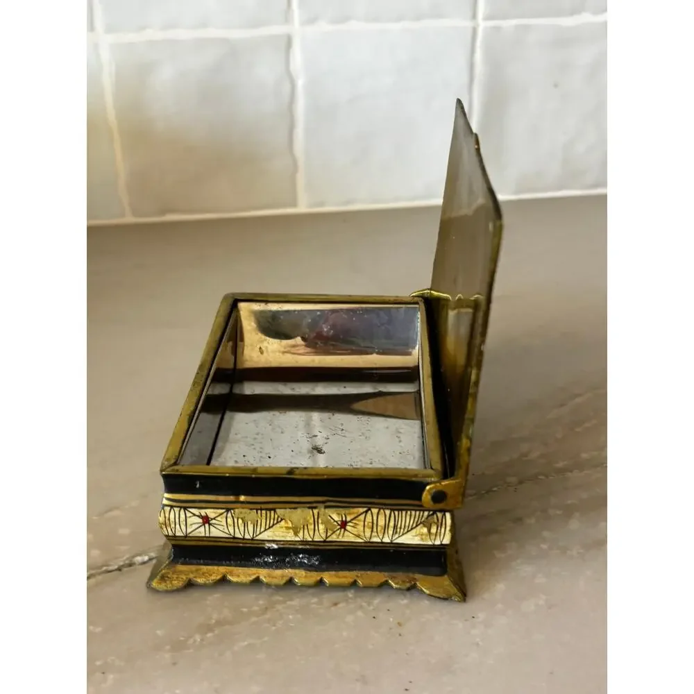 Vintage Brass & Black Lacquer Trinket Box Greek Key Classical Scene Jewelry Box